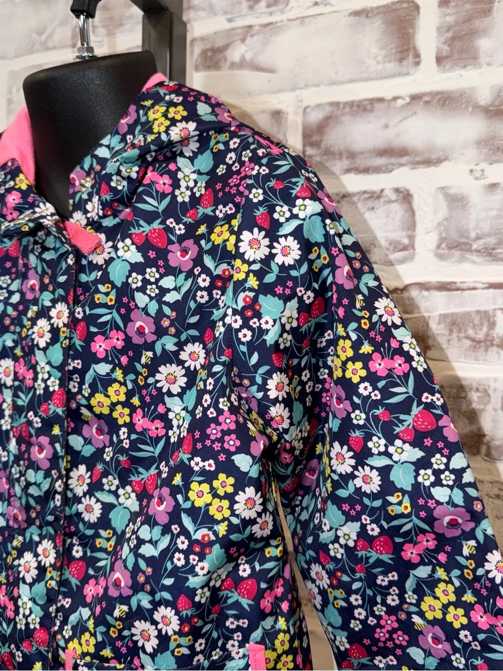 Girls' Floral Rain Jacket with Pink Trim 3T